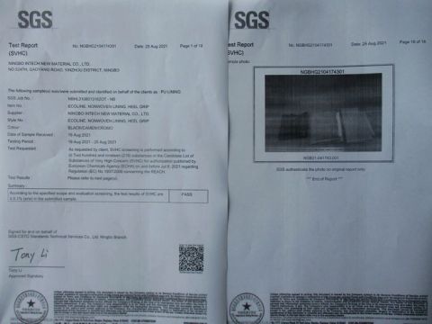 SGS TEST REPORT of NONWOVEN LINING certificate of NINGBO INTECH NEW MATERIAL CO., LTD. – certificate photo, supplier certificates section