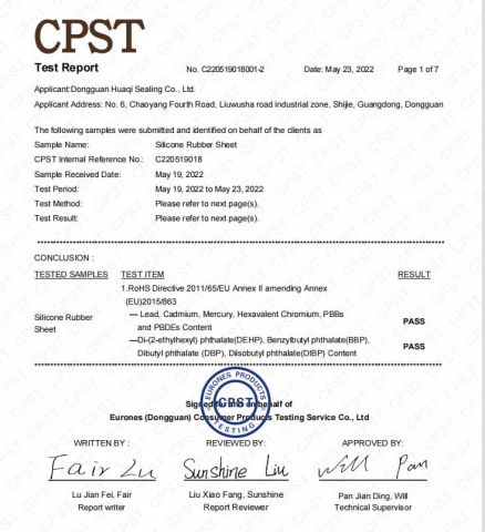 Test report certificate of Dongguan Huaqi Sealing Co., Ltd. – certificate photo, supplier certificates section