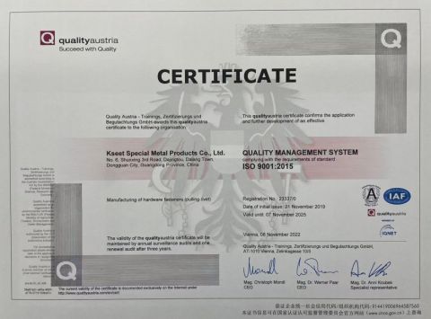 ISO 9001 Quality Management System certificate from Kseet Special Metal Products Co., Ltd.