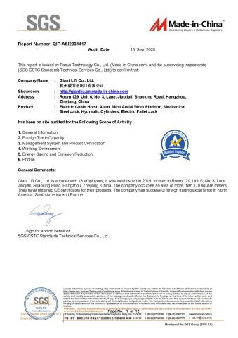 SGS Audited Report certificate of Giant Lift Co., Ltd. – certificate photo, supplier certificates section