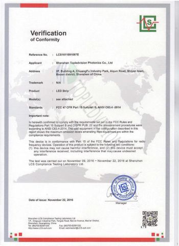 FCC Certificate-1 certificate of Shenzhen Topledvision Lighting Co., Ltd. – certificate photo, supplier certificates section