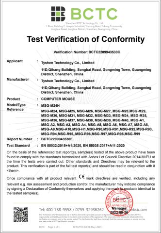 CE for Gaming Mouse 2022.09.26 certificate of Tyshen Technology Co., Limited – certificate photo, supplier certificates section
