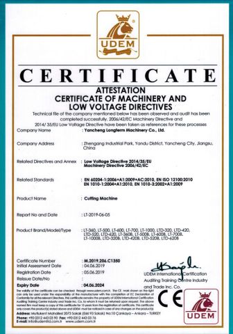 CE certificate from YANCHENG LONGTERM MACHINERY CO., LTD.