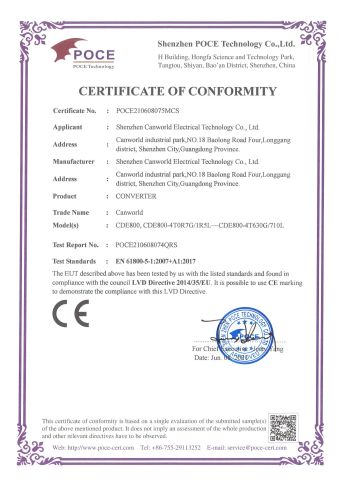 CANWORLD Electric CDE800 CE (EMC+LVD) Certificate certificate from Shenzhen Canworld Electrical Technology Co., Ltd