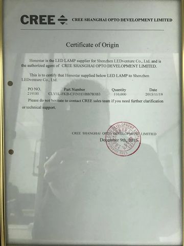 Original CREE certificate from Shenzhen LEDventure Co., Ltd.