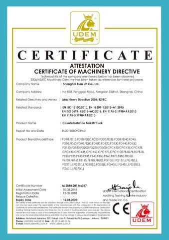 CE certificate for forklift certificate from Shanghai Rum Lift Co., Ltd.