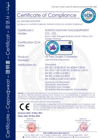 Oil-free oxygen compressor CE certificate certificate of Xuzhou Huayan Gas Equipment Co., Ltd. – certificate photo, supplier certificates section