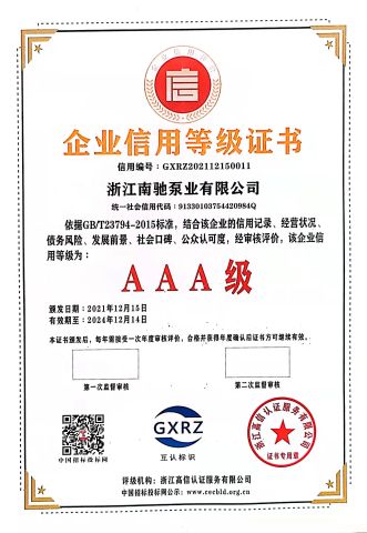 AAA Credit Certificate certificate from Zhejiang Nanchi Pump Co., Ltd.