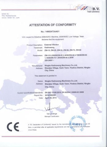 CE for External vibrator certificate from Ningbo Ace Machinery Co., Ltd.