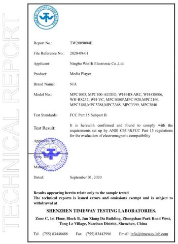 Winhi Digital Signage FCC certificate from Ningbo Beilun Bonsen Auto Electron Co., Ltd.