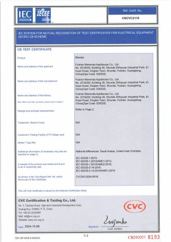 CB certificate from Foshan Manenda Appliances Co., Ltd.
