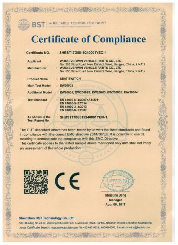 CE For Seat Switch certificate from Wuxi Everwin Vehicle Parts Co., Ltd.
