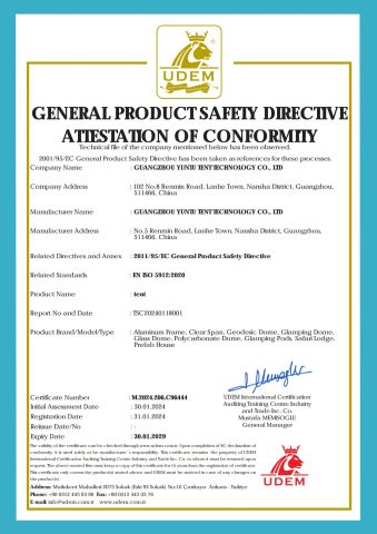GENERAL PRODUCTSAFEIY DIRECTVEATIESTATON OF CONFORMIIY certificate from Guangzhou Yuntu Tent Technology Co., Ltd.