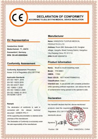 CE of breathing face mask certificate from Hangzhou Tuopusi Medical Products Co., Ltd.