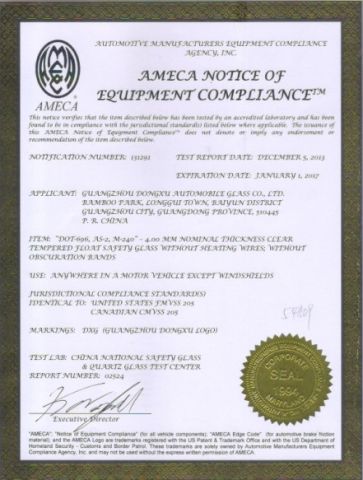 American DOT certificate from GUANGZHOU XURI AUTOMOBILE GLASS CO.,LTD