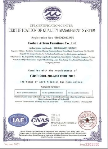 ISO 9001 certificate of Foshan Artsun Furniture Co., Ltd. – certificate photo, supplier certificates section