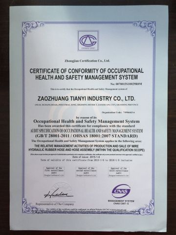 Certificate of Conformity of Occupational Health and Safety Management System certificate from Zaozhuang Tianyi Industry Co., Ltd.