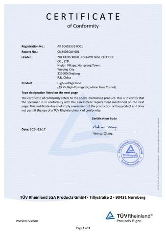 TUV certificate from Zhejiang Xirui High-Voltage Electric Co., Ltd.