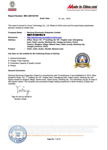 BV certificate certificate from Nantong Sinomusic Enterprise Limited