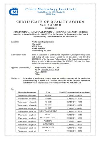 EC-TYPE APPROVAL CERTIFICATION certificate from NINGBO WATER METER(GROUP) CO., LTD.