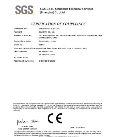 Battery tester CE certificate from Soundlink Co., Ltd.