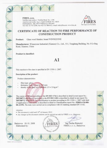 A1 FIREPROOF CLASS CERTIFICATE certificate from WINNEZONE INDUSTRIAL CO., LIMITED