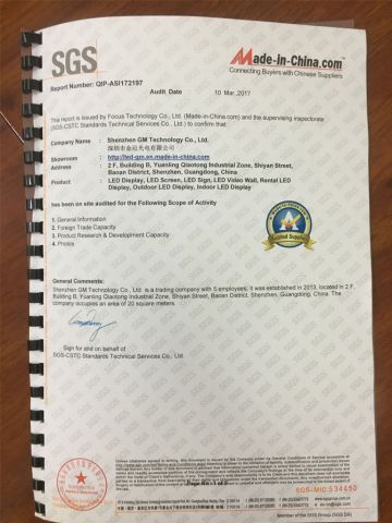 SGS certification certificate from Shenzhen GM Technology Co., Ltd.