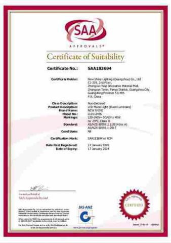 SAA Certificate of Suitability certificate of New Shine Lighting (Guangzhou) Co., Ltd – certificate photo, supplier certificates section