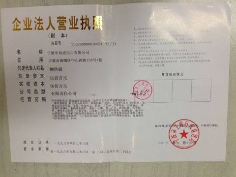 Business Licence certificate from Chinapack Ningbo Import & Export Co., Ltd.