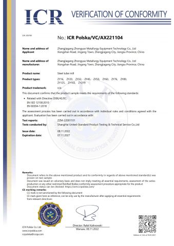 CERTIFICATE of COMPLIANCE certificate from Zhangjiagang Zhongyue Metallurgy Equipment Technology Co., Ltd.