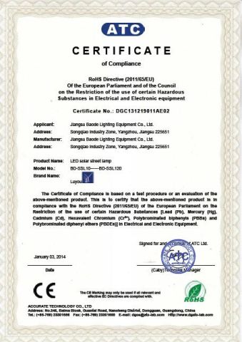 ROHS certificate from BAODE LIGHTING GROUP CO., LTD.