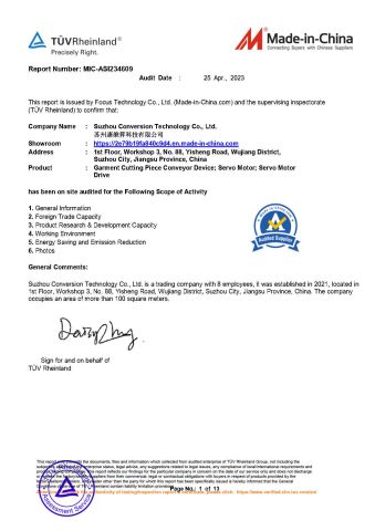 Audited Supplier certificate from Suzhou Conversion Technology Co., Ltd.