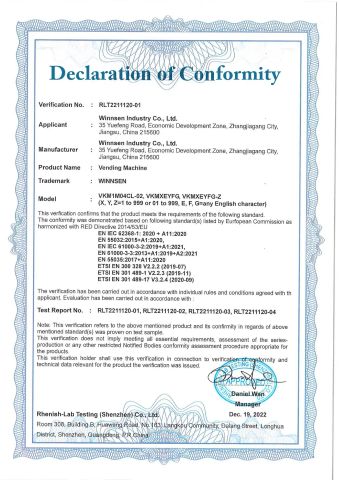 Vending Machine Declaration of Conformity certificate from Winnsen Industry Co., Ltd.
