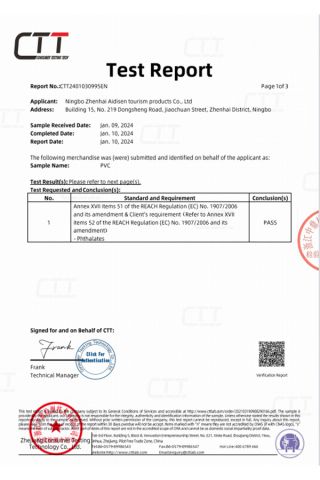 Certificates certificate from Ningbo Aidisen Tourism Products Co., Ltd