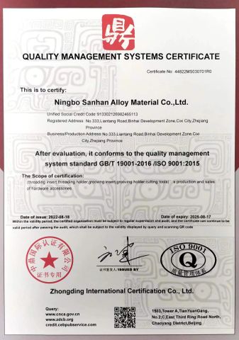 QUALITY MANAGEMENT SYSTEMS CERTIFICATE certificate from Ningbo Sanhan Alloy Material Co., Ltd.