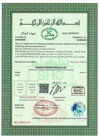 HALAL Certification certificate from Jiangsu Handian Biotechnology Co., Ltd.