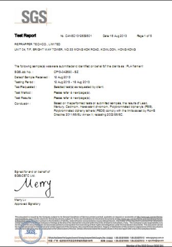 Test Report of PLA 3D filament certificate from Guangzhou Yousu3D Technology Co., Ltd.