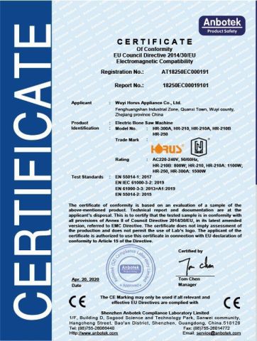 CE-certificate-of-bone-saw-machine certificate from ZHE JIANG HORUS APPLIANCE CO., LTD.