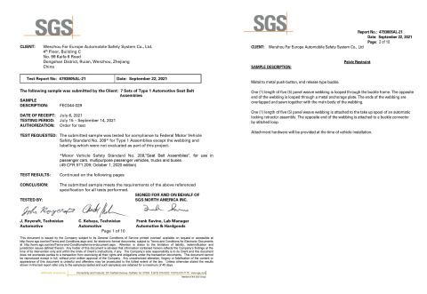 FEMVSS209-FEC044 certificate from Wenzhou Far Europe Automobile Safety System Co., Ltd