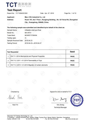 EN71-1-2-3 TEST REPORT certificate from MAX (HK) INDUSTRIAL CO., LIMITED