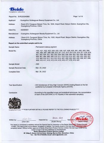 REACH certificate from Guangzhou Xiufangyuan Beauty Equipment Co., Ltd.