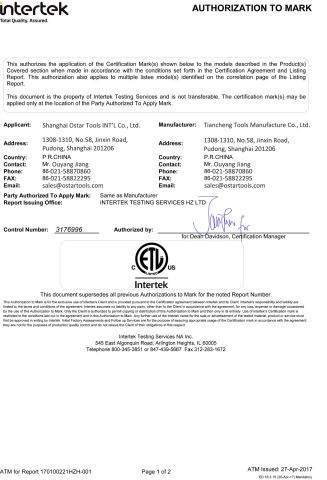 Certificates certificate from Shanghai Ostar Tools Int'l Co., Ltd.