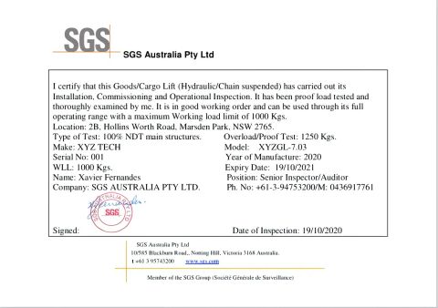 SGS certificate from Jinan Xyztech Machinery Co., Ltd