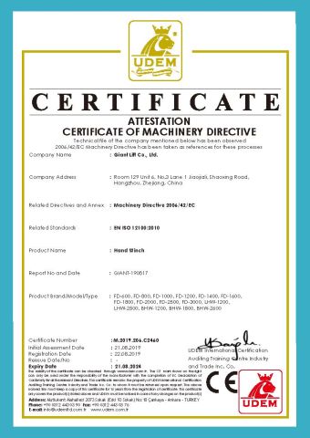 CE-Hand Winch certificate of Giant Lift Co., Ltd. – certificate photo, supplier certificates section