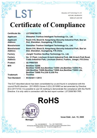 BestGee_T220S_T300S_RoHS_Certificate certificate of Xiaohoo Intelligent Technology Co., Ltd. – certificate photo, supplier certificates section