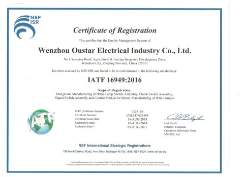 IATF 16949-2016 certificate from Wenzhou Oustar Electrical Industry Co., Ltd.