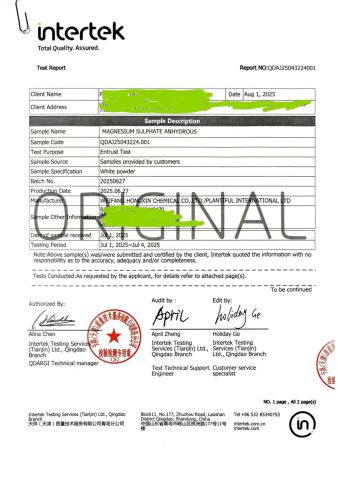INTERTEK FOR MAGNESIUM SULPHATE certificate from Shandong Yongzheng Eco-Tech Co., Ltd