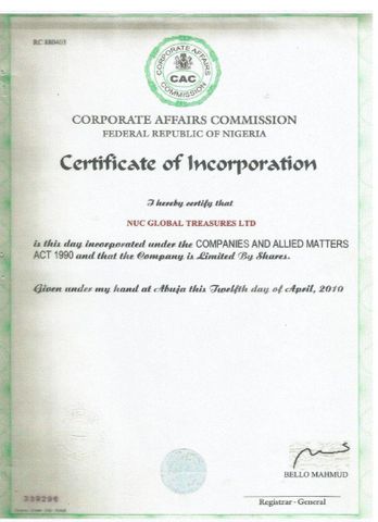 Company Registration Certificate certificate from NUC Global Treasures Limited