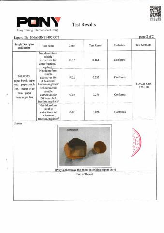 Kraft food cotnainer FDA report certificate of Weifang Yunsheng Group Co., Ltd. – certificate photo, supplier certificates section