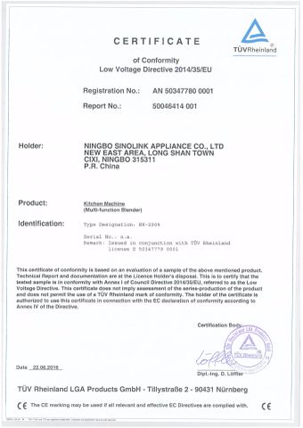 CE Certificate certificate from Ningbo Sinolink Appliance Co., Ltd.